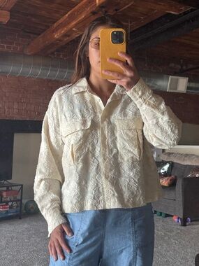 LOFT Cream Lace Textured Button-Down Shirt Jacket